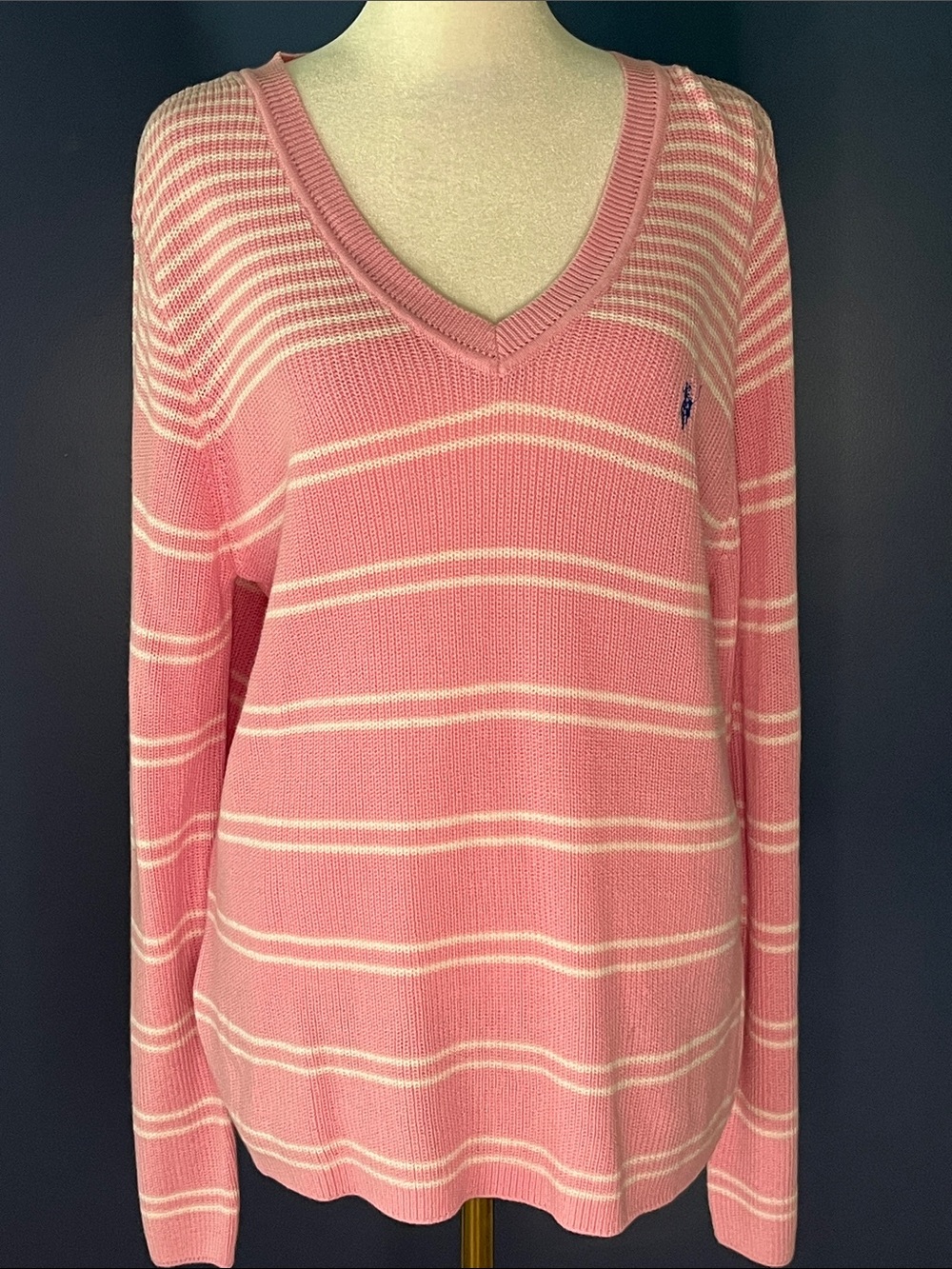 U.S. Polo Assn. Pink and White Waffle-Knit V-neck women's sweater NWT,